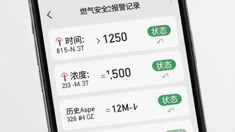 燃气安全管家报警记录页面展示,手机屏幕内显示历史报警记录列表,每条记录有时间、浓度数值和状态标签,界面简洁清晰,背景是淡灰色,风格商务实用,文字排版整齐,画质干净无多余元素