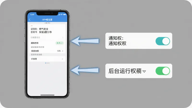 燃气安全管家安装设置引导图,画面中一部手机显示APP权限设置页面,旁边有箭头指向通知权限和后台运行权限的开关,背景是简洁的灰色,风格教程类图示,标注清晰,画质干净无多余元素