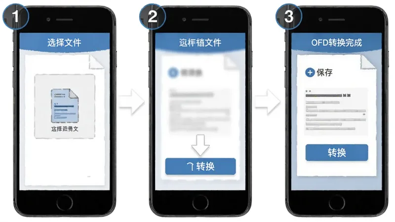 OFD文档转换工具的操作步骤示意图,画面中手机屏幕分三步显示:第一步选择文件、第二步点击转换按钮、第三步显示转换完成并保存,每步用数字标注,风格直观清晰,画质干净