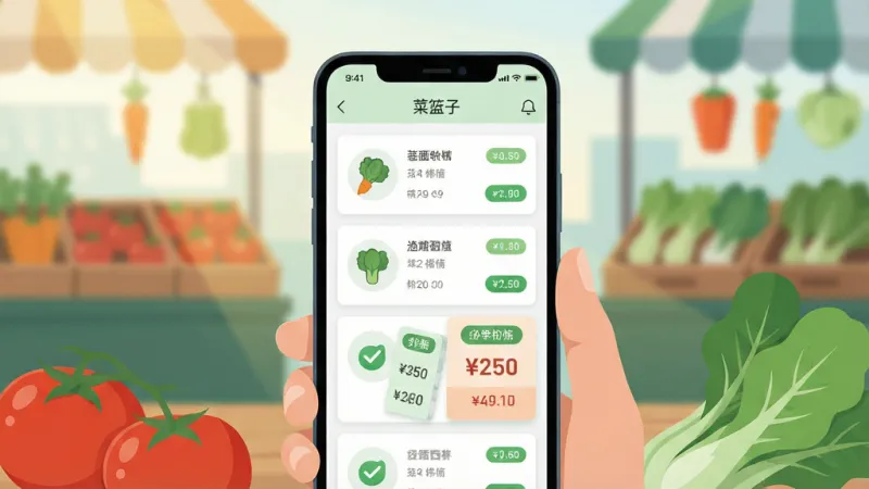 一张展示“菜篮子”手机应用主界面的场景图,画面中央是一部手持智能手机,屏幕里显示着简洁的蔬菜列表和价格对比卡片,背景是清晨的菜市场虚化场景,布局上手机占据视觉中心,周围散落着新鲜的西红柿和青菜,风格为现代扁平化插画,细节上强调手机屏幕内的绿色对勾和价格标签,画质清晰干净,无多余元素