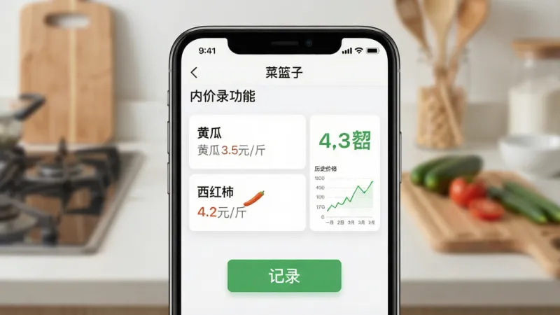 一张“菜篮子”应用内价格记录功能的界面特写图,画面主体为手机屏幕,屏幕上显示着“黄瓜 3.5元/斤”和“西红柿 4.2元/斤”的记录条目,旁边配有一个小小的历史价格折线图,布局上手机居中,背景是模糊的厨房台面,风格为写实UI展示,细节上突出记录按钮和价格数字的清晰度,画质干净明亮,无多余元素