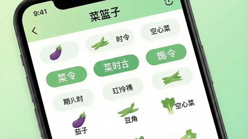 一张展示“菜篮子”应用内时令蔬菜参考页面的图,画面为手机屏幕特写,屏幕上排列着十二个月份的标签,当前月份高亮显示,下方列出“茄子”“豆角”“空心菜”等时令蔬菜名称,布局上手机屏幕占据画面主体,背景为浅绿色渐变,风格为清新扁平化设计,细节上强调蔬菜小图标和月份标签的圆角处理,画质干净整洁,无多余元素