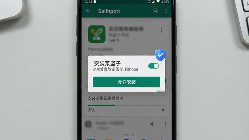 一张展示安卓手机安装“菜篮子”应用过程的示意图,画面为手机屏幕特写,屏幕上显示着安装权限提示弹窗和“允许安装”的按钮,旁边配有一个小小的盾牌图标表示安全,布局上手机居中,背景为浅灰色桌面,风格为写实UI截图风格,细节上突出权限开关和安装进度条,画质清晰干净,无多余元素