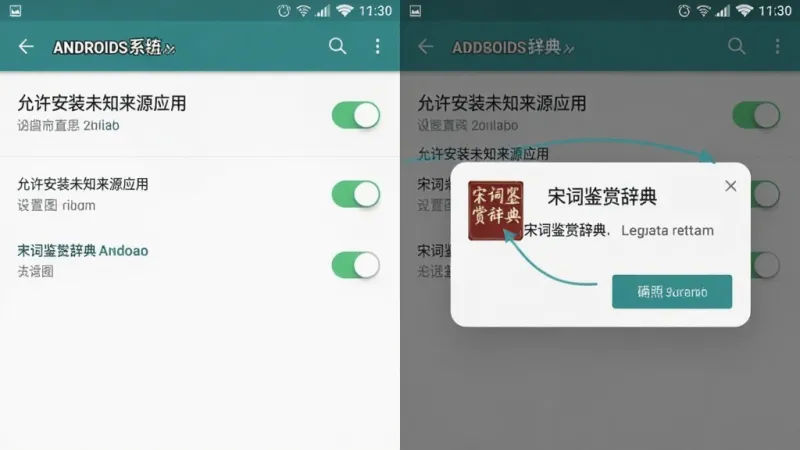 手机设置界面与App安装界面对照图,左侧显示安卓系统“允许安装未知来源应用”的开关页面,右侧显示宋词鉴赏辞典的安装确认弹窗,界面标注“宋词鉴赏辞典”,整体风格写实清晰,布局左右对照,画质干净无多余元素