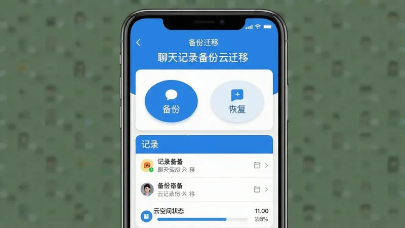 一张展示聊天记录备份云迁移软件核心界面的手机截图,画面中央是手机屏幕,屏幕内显示聊天记录备份云迁移app的主界面,顶部有“聊天记录备份云迁移”文字标题,中间是备份和恢复两个大按钮,下方是记录列表和云空间状态条,整体布局简洁清晰,风格现代扁平化,蓝白配色为主,细节圆润,画质干净,无多余元素