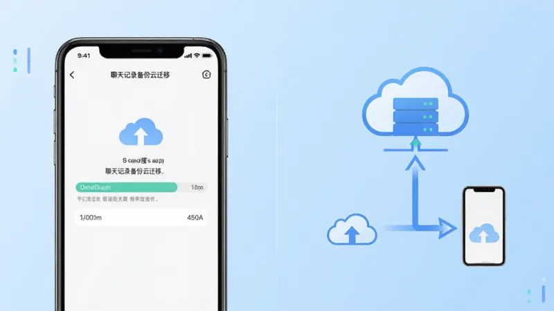一张展示聊天记录备份云迁移功能特色的示意图,画面分为左右两部分,左侧是手机屏幕显示“聊天记录备份云迁移”的备份进度界面,右侧是云端服务器图标和手机图标之间用箭头连接表示数据传输,背景是浅蓝色渐变,风格简洁科技感,细节清晰,画质干净,无多余元素