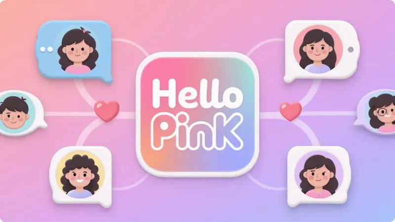 一张展示Hello PinK应用核心界面的手机屏幕截图,画面中央是Hello PinK的彩色渐变Logo,周围环绕着几个不同风格的用户头像气泡和心形连接线,背景是柔和的粉紫色渐变,风格清新现代扁平化,细节圆润精致,画质干净清晰,无多余杂乱元素