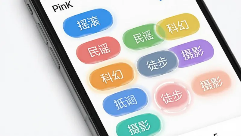 Hello PinK应用内的兴趣标签选择界面,手机屏幕上排列着彩色圆角矩形标签,标签上写着“摇滚”“民谣”“科幻”“徒步”“摄影”等字样,部分标签被高亮选中,背景为干净的白色,风格简洁明快,排版整齐,画质干净,无多余元素
