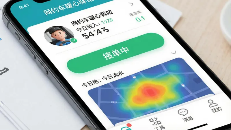 一张手机应用界面展示图,主体是“网约车暖心驿站”软件的主页,布局清晰,顶部显示司机头像和今日收入概览,中间是醒目的接单状态按钮和附近热力图,底部排列着行程、工具、消息、我的四个图标,排版简洁明快,风格现代扁平化,细节圆润,画质干净清晰,无多余元素,画面中文字为“网约车暖心驿站”“接单中”“今日流水”。