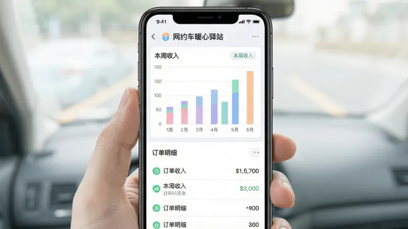 一张展示“网约车暖心驿站”收入统计功能的手机截图风格图片,主体是手机屏幕,布局上半部分为柱状图显示一周收入变化,下半部分为订单明细列表,排版清晰,风格简洁扁平化,细节中图表颜色柔和,画质干净明亮,无多余元素,画面中文字为“网约车暖心驿站”“本周收入”“订单明细”。
