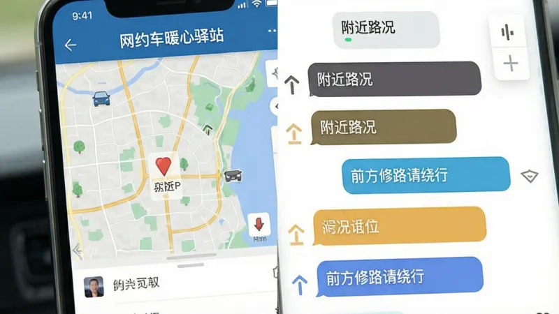 一张表现“网约车暖心驿站”司机互助交流功能的场景图,主体是手机屏幕显示附近司机聊天列表,布局左侧为地图缩略图,右侧为消息气泡,排版紧凑,风格写实偏扁平,细节中气泡颜色区分路况和闲聊,画质干净清晰,无多余元素,画面中文字为“网约车暖心驿站”“附近路况”“前方修路请绕行”。