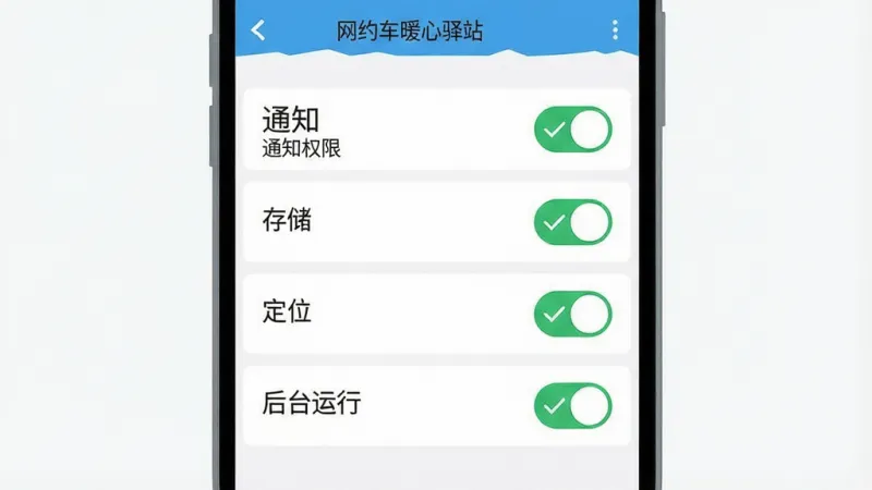 一张展示手机权限设置界面的示意图,主体是手机屏幕显示应用权限管理页面,布局从上到下为通知、存储、定位、后台运行四个开关项,排版整齐,风格简洁扁平,细节中通知和后台开关处于开启状态并标有绿色对勾,画质干净清晰,无多余元素,画面中文字为“网约车暖心驿站”“通知权限”“后台运行”。