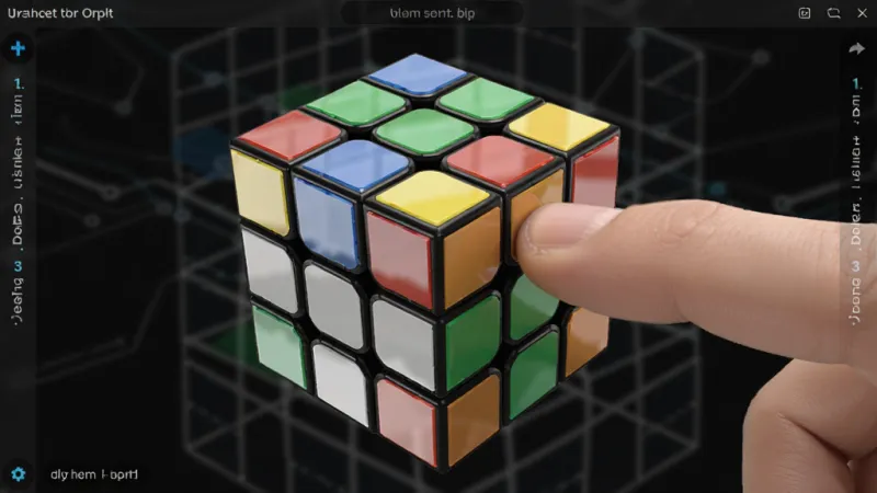魔方还原模拟器软件中的3D魔方操作界面特写,画面主体是一个正在被手指滑动的三阶魔方,魔方表面有高光质感,背景是软件深色模式的界面,界面边缘有步骤提示文字,风格写实且富有科技感,细节丰富,画质清晰锐利,干净无杂物