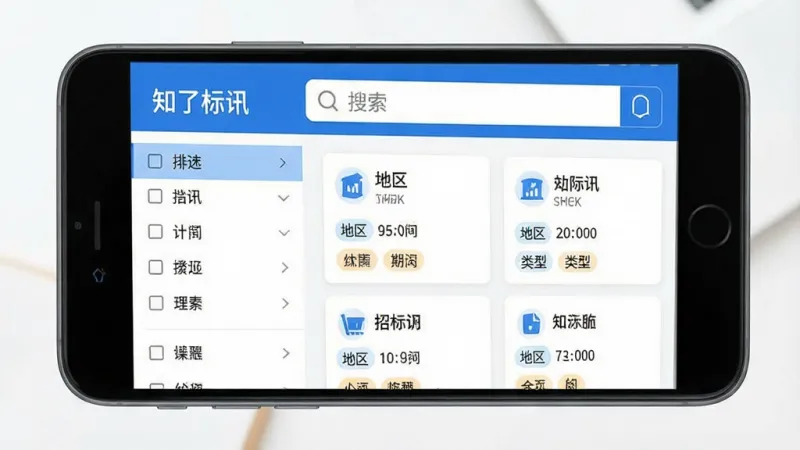 一张展示“知了标讯”手机应用主界面的详细图片。画面主体是一部手持智能手机,屏幕显示应用首页,顶部搜索栏醒目,下方是分类清晰的招标信息卡片列表,包含地区、时间、类型标签。布局简洁明了,左侧有筛选侧边栏。风格为现代扁平化设计,蓝白配色,干净清爽。细节包括清晰的文字标题、图标和留白。画质高清,界面干净无多余元素。