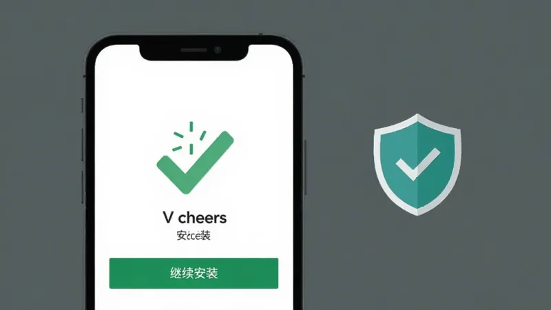 一部手机屏幕显示V cheers安装界面,旁边有绿色对勾和盾牌图标表示安全,下方有“继续安装”按钮,背景简洁,风格扁平化,画质干净无多余元素