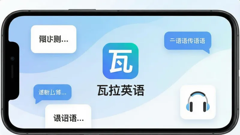 一张展示瓦拉英语App核心界面的手机屏幕截图,画面中央是瓦拉英语的Logo和“瓦拉英语”字样,周围环绕着单词卡片、口语对话气泡和听力耳机图标,背景是柔和的蓝白渐变,排版清晰,风格现代简洁,画质干净,无多余元素。