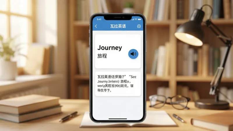 一张展示瓦拉英语单词学习界面的图片,画面主体是一个手机屏幕,屏幕上显示“瓦拉英语”App的单词卡片界面,卡片上有英文单词“Journey”和中文释义“旅程”,旁边有发音按钮和例句展示,背景是温馨的书房场景,风格清新明亮,细节清晰,画质干净。