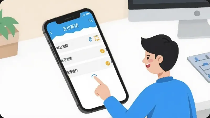 一张展示瓦拉英语App设置界面的图片,画面中手机屏幕显示“瓦拉英语”的设置页面,有“每日提醒”、“水平测试”、“清理缓存”等选项,旁边有一个卡通人物正在操作手机,背景是简洁的桌面,风格扁平化,色彩明亮,画质干净。