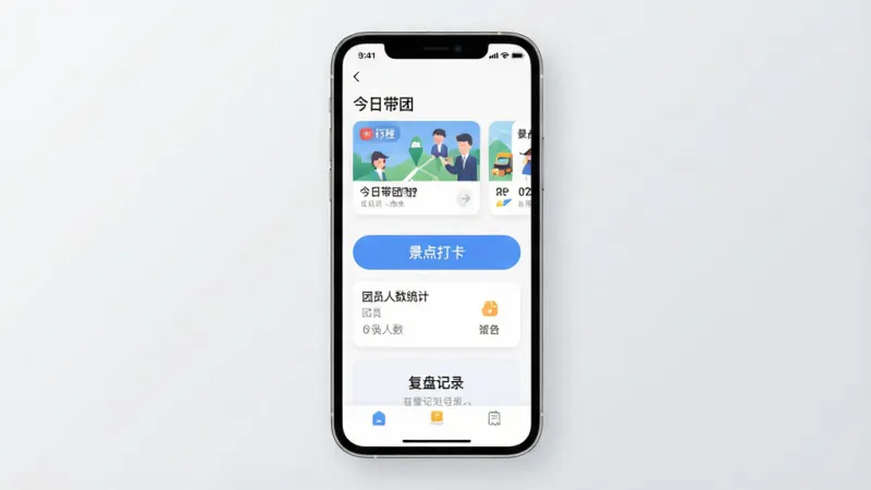 一张展示导游带团宝软件核心界面的手机样机图,画面中央是手机屏幕,屏幕内显示导游带团宝的首页,上方有“今日带团”标题和行程卡片,中间是景点打卡按钮和团员人数统计,下方是复盘记录入口,整体布局清晰,排版为居中手机展示,风格现代扁平化,细节圆润,画质干净,背景为浅灰色渐变,无多余元素