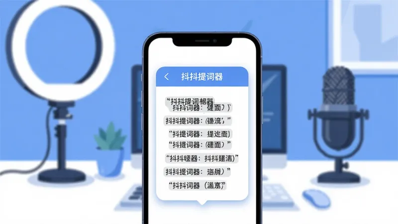 画面中央展示一部智能手机,手机屏幕上显示“抖抖提词器”的悬浮提词窗口,窗口内滚动着清晰的台词文字,手机背后是简洁的桌面布局,旁边散落着补光灯和麦克风,整体风格为清新明快的扁平插画风,色调以蓝白为主,细节干净利落,画质高清无多余元素