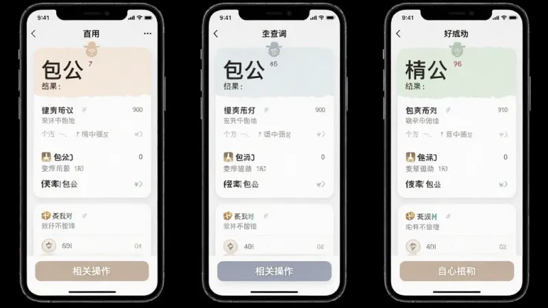 手机应用查询结果页面截图风格,画面展示“包公”应用的查询结果界面,信息以卡片形式呈现,重点文字加粗显示,配色柔和,布局层次分明,底部有相关操作按钮,整体干净整洁,画质清晰