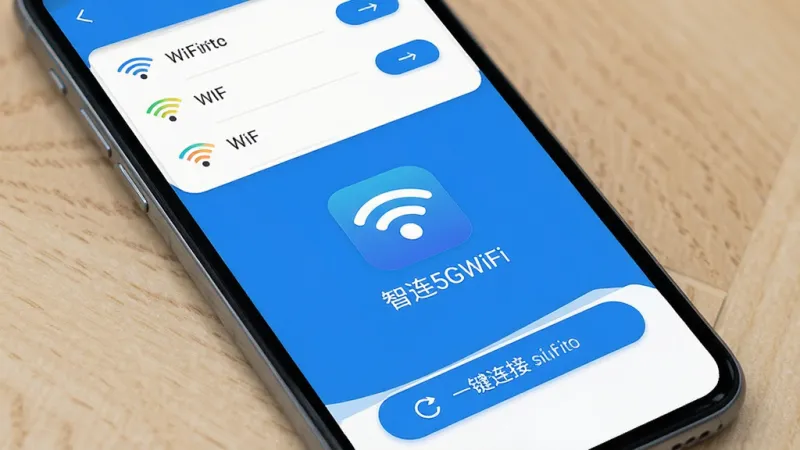 一张手机屏幕展示WiFi连接工具的主界面,画面中央是“智连5GWiFi”应用图标和名称,界面以蓝白配色为主,顶部显示附近可用WiFi列表,每个热点旁边有信号强度图标和连接按钮,底部有刷新和一键连接按钮,整体布局清爽,风格现代扁平,画质干净无多余元素