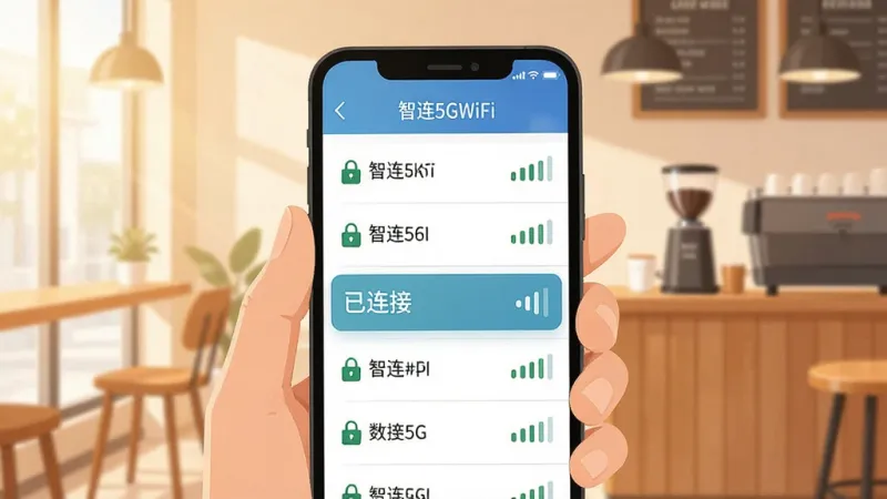 一张手机界面截图风格的插画,画面中一只手拿着手机,手机屏幕上显示“智连5GWiFi”的WiFi列表界面,多个热点名称旁边有锁形图标和信号格,其中一个热点显示“已连接”状态,背景是咖啡厅环境,整体色调温暖明亮,风格简洁现代,画质干净无多余元素