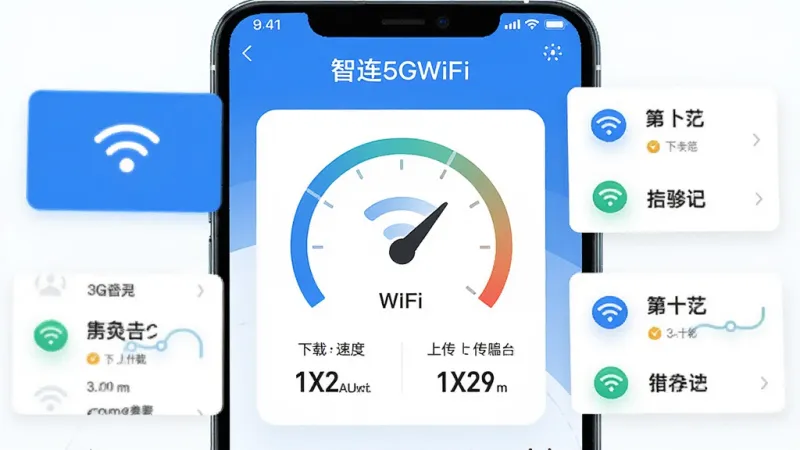 一张展示“智连5GWiFi”功能界面的手机画面,屏幕中央是一个简洁的测速仪表盘图形,下方显示下载速度和上传速度数值,周围环绕着WiFi信号图标和连接记录列表的小卡片,整体风格科技感十足但保持简洁,蓝白配色,画质干净无多余元素