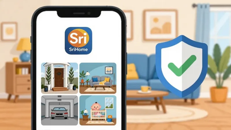 画面中央是一部智能手机,屏幕上显示着“SriHome”的APP图标,图标下方是简洁的四宫格监控画面预览,包含门口、客厅、车库和婴儿房的实时画面,画面右侧悬浮着一个带绿色对勾的盾牌图标,背景是温馨的家庭客厅环境,风格为现代扁平化插画,细节圆润,色彩以蓝白为主点缀暖黄色,画质干净清晰,无多余元素