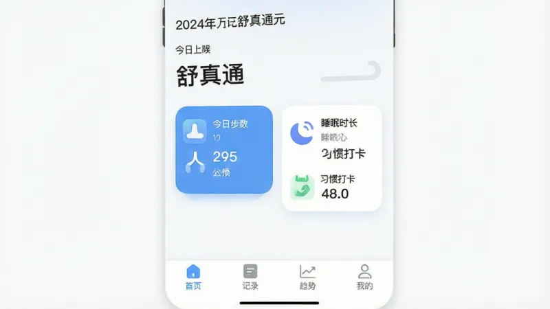 一张手机应用主界面的详细描述图,画面中央是“舒真通元”App的首页,布局简洁,顶部显示日期和问候语,中间是几个圆角卡片分别展示“今日步数”、“睡眠时长”、“习惯打卡”的图标和数据,底部是“首页”、“记录”、“趋势”、“我的”四个导航标签,整体风格是清爽的蓝白配色,图标圆润扁平,画质干净清晰,无多余元素,背景为纯色留白。