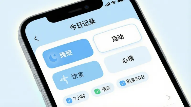 一张展示“舒真通元”App记录界面的详细图,画面中央是手机屏幕特写,屏幕上显示着“今日记录”页面,有“睡眠”、“饮食”、“运动”、“心情”四个大按钮,按钮下方是已经勾选好的几个标签选项,如“7小时”、“清淡”、“散步30分”,屏幕边缘有柔和的光晕,整体风格是简约现代的扁平化设计,配色以浅蓝和白色为主,画质干净清晰,细节圆润,无多余元素。