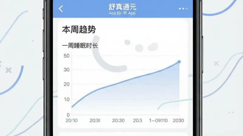 一张展示“舒真通元”App趋势分析页面的详细图,画面中央是手机屏幕,屏幕上显示着一周睡眠时长的折线图,折线呈平缓上升趋势,下方有日期标签,图表配色为柔和的蓝色和灰色,页面顶部有“本周趋势”标题,整体风格是数据可视化风格的扁平设计,画质干净清晰,无多余元素,背景简洁。