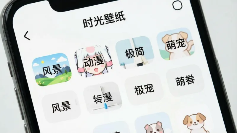 一张展示壁纸应用分类页面的图片,画面主体是手机屏幕特写,屏幕上显示着“时光壁纸”的顶部标题栏,下方是两排分类标签,标签上写着“风景”、“动漫”、“极简”、“萌宠”等字样,布局为上下结构,排版整齐,风格清新明快,细节上标签带有微圆角,背景为浅色,画质干净,无多余元素
