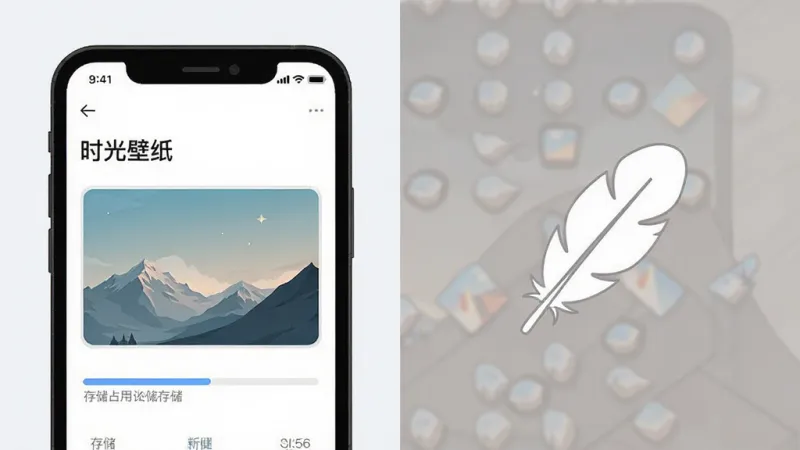 一张展示手机存储空间管理界面的图片,画面中一部手机屏幕显示着“时光壁纸”的应用信息页,旁边有一个轻盈的羽毛图标代表轻量,布局为左右对比,排版简洁,风格为科技感扁平插画,细节上手机屏幕显示存储占用很小的进度条,画质干净,无多余元素