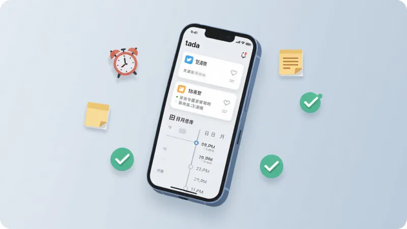 一张展示 tada 你的专属生活agent 核心全貌的图片,主体为一部居中摆放的智能手机,手机屏幕内显示简洁的任务卡片列表和日程时间轴,背景为浅灰蓝色渐变,布局上手机略微倾斜呈现动感,四周环绕着小的图标元素如闹钟、便签、勾选标记,风格为现代扁平化插画,细节上手机边框圆润、阴影柔和,画质干净清晰,无多余元素