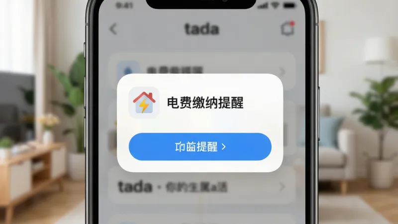 一张表现 tada 你的专属生活agent 智能场景提醒功能的图片,主体为手机屏幕特写,屏幕中央是一个卡片式提醒弹窗,弹窗内写着“电费缴纳提醒”并配有房子和闪电的小图标,背景为虚化的家居客厅场景,布局上弹窗占据画面视觉中心,风格为清爽的UI界面展示图,细节上弹窗边角圆润、按钮清晰,画质干净明亮,无多余元素