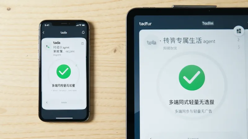 一张展示 tada 你的专属生活agent 多端同步与轻量无广告特点的图片,主体为手机和平板并排摆放,两个屏幕显示相同的任务同步界面,界面内有一个绿色的同步完成勾选标记,背景为浅色木质桌面,布局上设备左右对称,风格为产品展示摄影图,细节上屏幕内容清晰、设备边缘干净,画质明亮通透,无多余元素