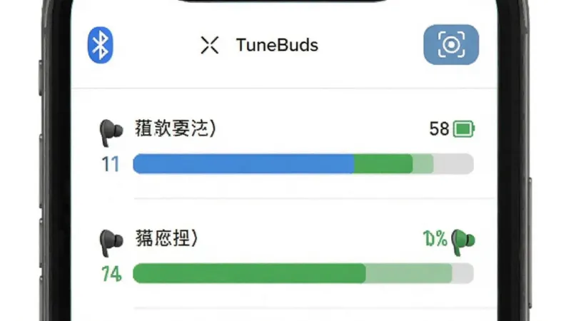 一张TuneBuds软件界面示意图,手机屏幕显示“TuneBuds”设备列表页面,顶部有蓝牙图标和扫描按钮,下方列出两副耳机名称与电量百分比条,左右耳电量分别用蓝色和绿色标识,界面排版整齐,风格简约清爽,画质干净无多余元素