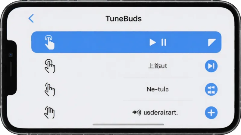 一张TuneBuds触控手势设置界面图,手机屏幕展示“TuneBuds”手势配置页面,左侧是单击双击长按的图标列表,右侧对应功能勾选项如播放暂停、上一首、下一首、语音助手,界面用浅色背景搭配蓝色高亮选中状态,布局清晰对称,风格干净现代,画质细腻无杂乱元素