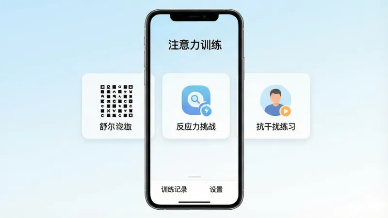一张展示注意力训练App核心界面的手机屏幕图,画面中央是简洁的训练选择页面,顶部显示“注意力训练”字样,中间排列着舒尔特方格、反应力挑战、抗干扰练习三个功能卡片图标,底部为训练记录和设置两个选项,背景为淡蓝到白色的渐变,整体风格清新扁平,细节干净无多余装饰,画质清晰柔和