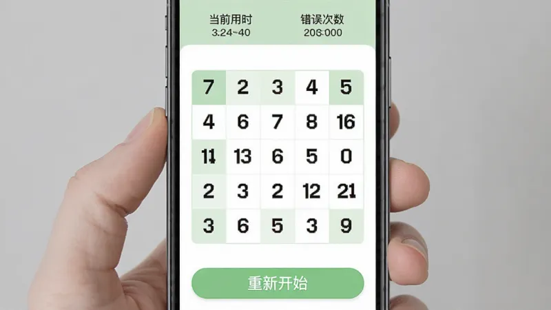 一张注意力训练App中舒尔特方格训练界面的手机截图,屏幕中央是一个五乘五的数字方格,数字随机分布,顶部显示当前用时和错误次数,底部有重新开始按钮,整体配色为浅绿与白色搭配,风格简洁清爽,画质干净无多余元素