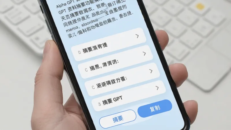 Alpha GPT 资料摘要功能展示,手机屏幕中显示一篇长文章被自动提炼成要点列表,界面有