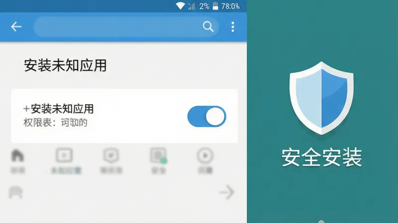 一张手机安全设置界面的示意图，画面显示安卓系统的“安装未知应用”权限开关页面，旁边配有一个盾牌图标和“安全安装”字样，背景简洁，风格扁平，画质干净无多余元素