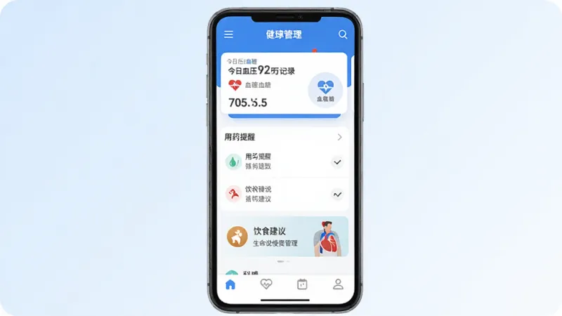生命说慢病管理(原科减)手机App主界面展示,一台手机屏幕居中,屏幕内显示蓝白色调的健康管理首页,顶部有今日血压血糖记录卡片,中部有用药提醒列表和饮食建议入口,底部导航栏清晰,背景为浅色渐变,风格现代扁平,画质干净清晰,无多余元素