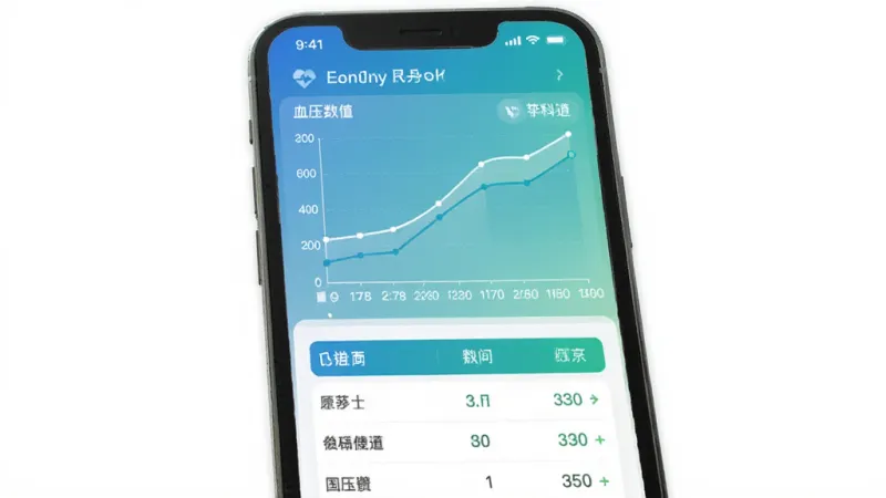 生命说慢病管理(原科减)健康数据趋势图界面,手机屏幕显示折线图,横轴为日期,纵轴为血压数值,图表下方有数据列表,配色为蓝绿渐变,界面简洁,画质干净