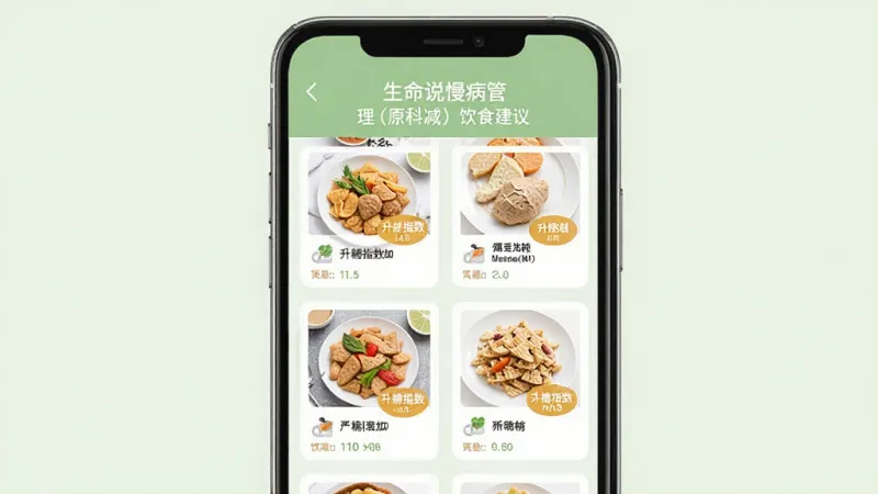 生命说慢病管理(原科减)饮食建议页面,手机屏幕显示食物列表和升糖指数标签,背景为浅绿色,界面排版整齐,文字清晰,风格清新,画质干净