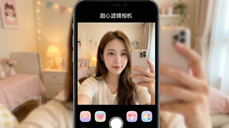 一张展示甜心滤镜相机应用整体界面的手机屏幕截图，画面中央是相机取景框，下方排列着多个色彩柔和的滤镜图标，顶部有“甜心滤镜相机”字样，背景是温馨的室内自拍场景，布局清晰，风格清新甜美，细节圆润，画质干净无多余元素