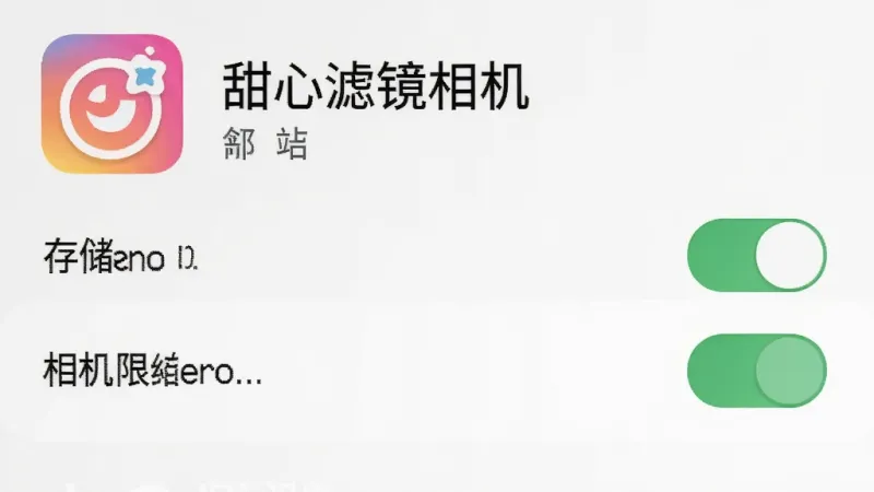 甜心滤镜相机在安卓手机上的权限设置界面示意图，画面展示应用管理页面中存储和相机权限的开关状态，界面带有“甜心滤镜相机”应用图标和名称，风格简洁清晰，标注明确，画质干净