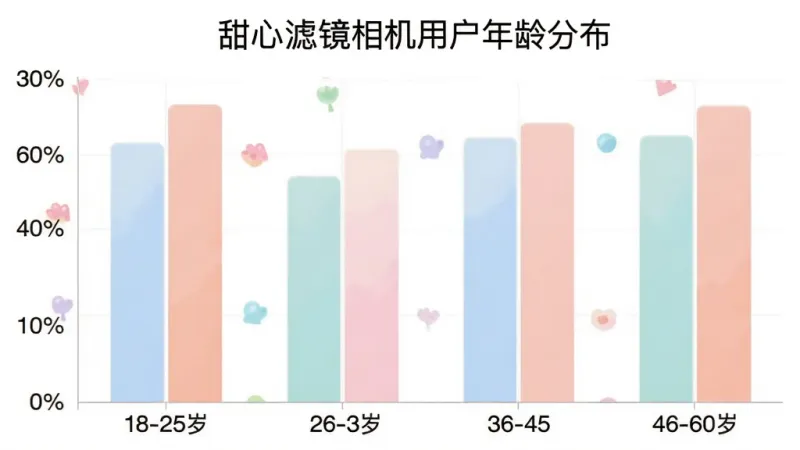 甜心滤镜相机用户年龄分布柱状图，横轴为18-25岁、26-35岁、36-45岁、46-60岁四个年龄段，纵轴为用户占比百分比，柱体颜色柔和，图表上方标注“甜心滤镜相机用户年龄分布”，风格简洁数据可视化，画质干净无多余元素