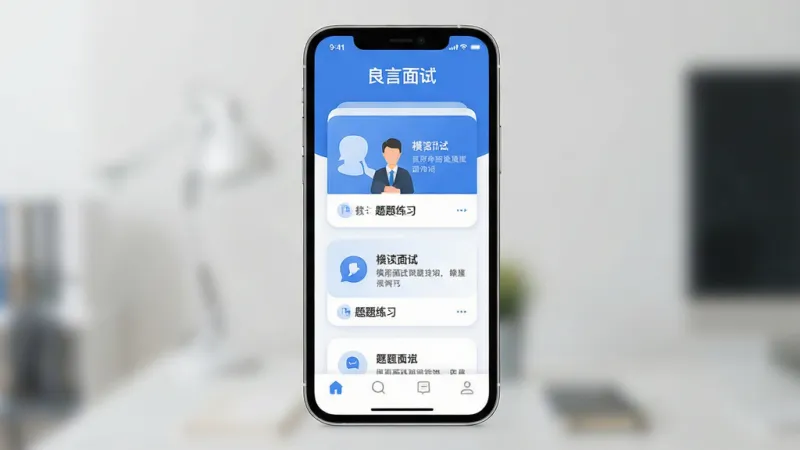 一张展示“良言面试”应用主界面的手机样机图,画面中央是一部智能手机,屏幕显示应用首页,顶部有“良言面试”文字标题,中间是模拟面试和题目练习的卡片入口,底部是简洁的导航栏,整体布局清晰,风格现代扁平,色调以蓝白为主,细节圆润,画质干净,无多余元素